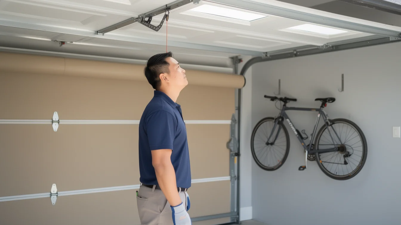A technician in a blue shirt looks up at an open garage door.