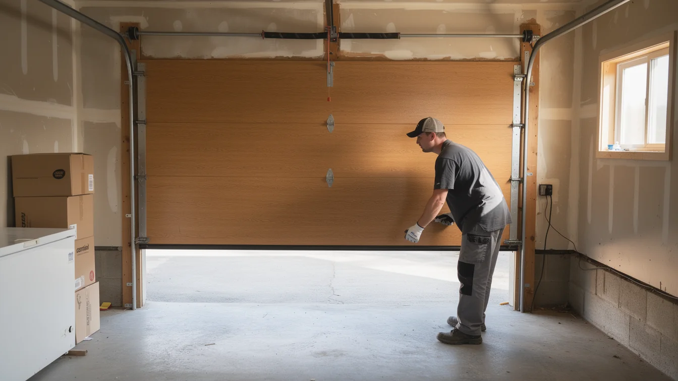 A technician is installing a wooden garage door in a garage.