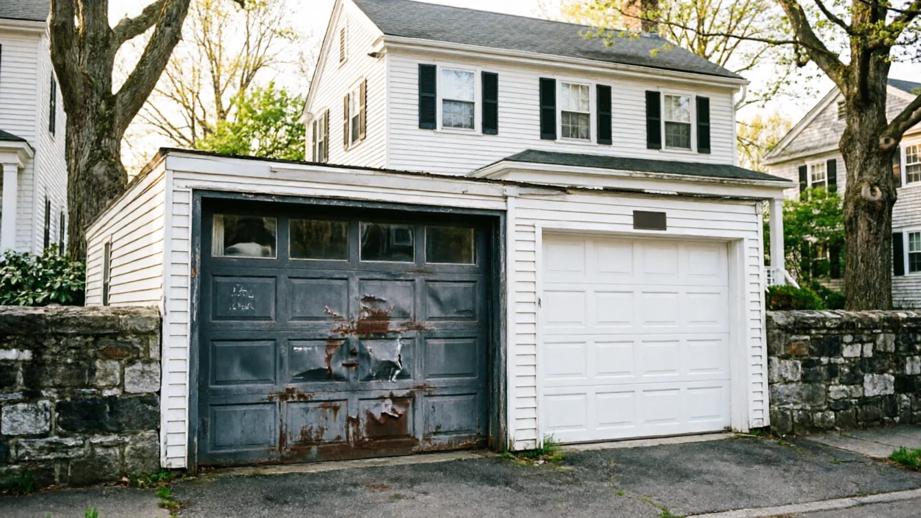 Two garage doors, one rusty and one white, are next to a white house.