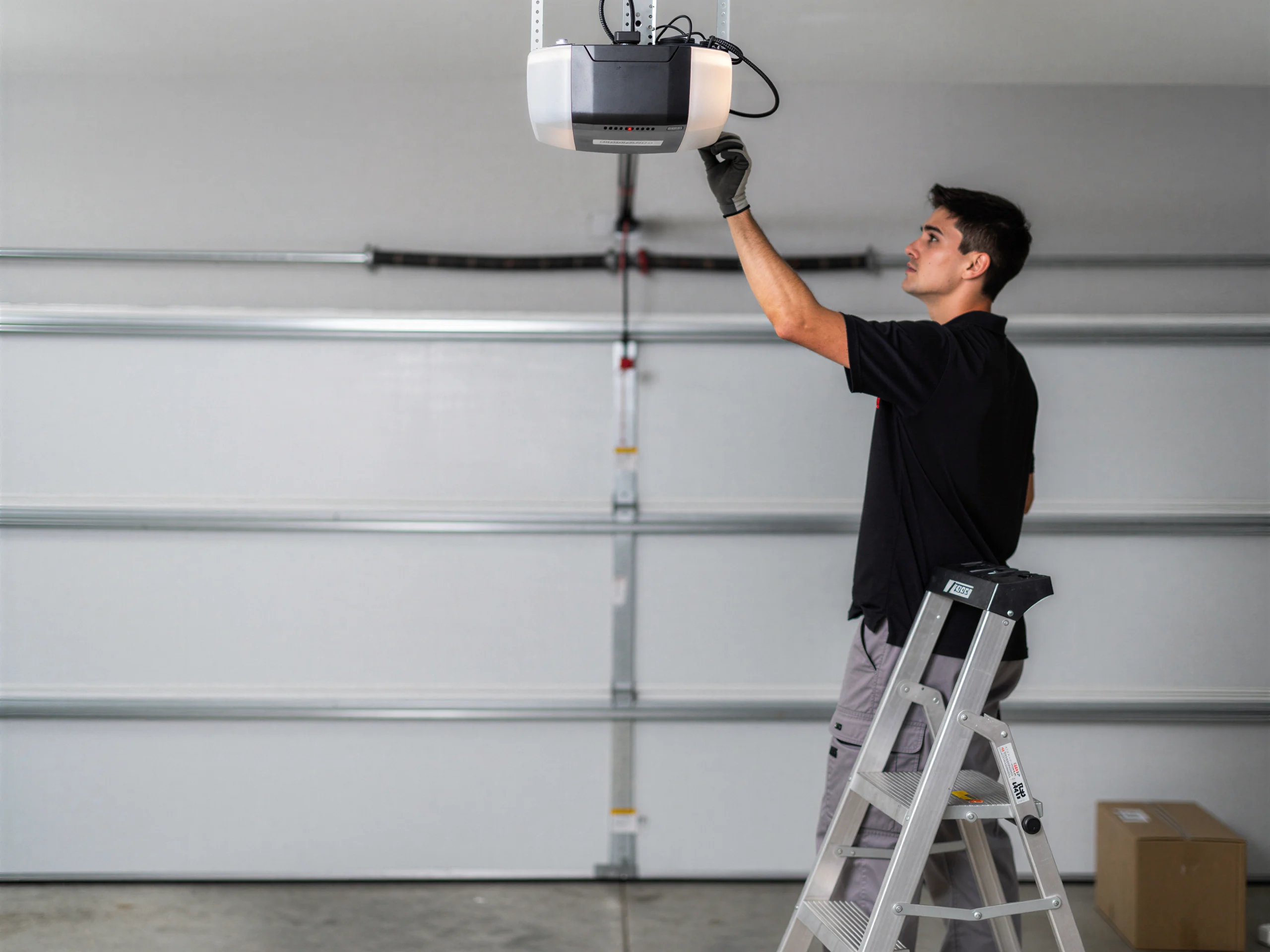 A technician on a ladder adjusts a garage door opener.