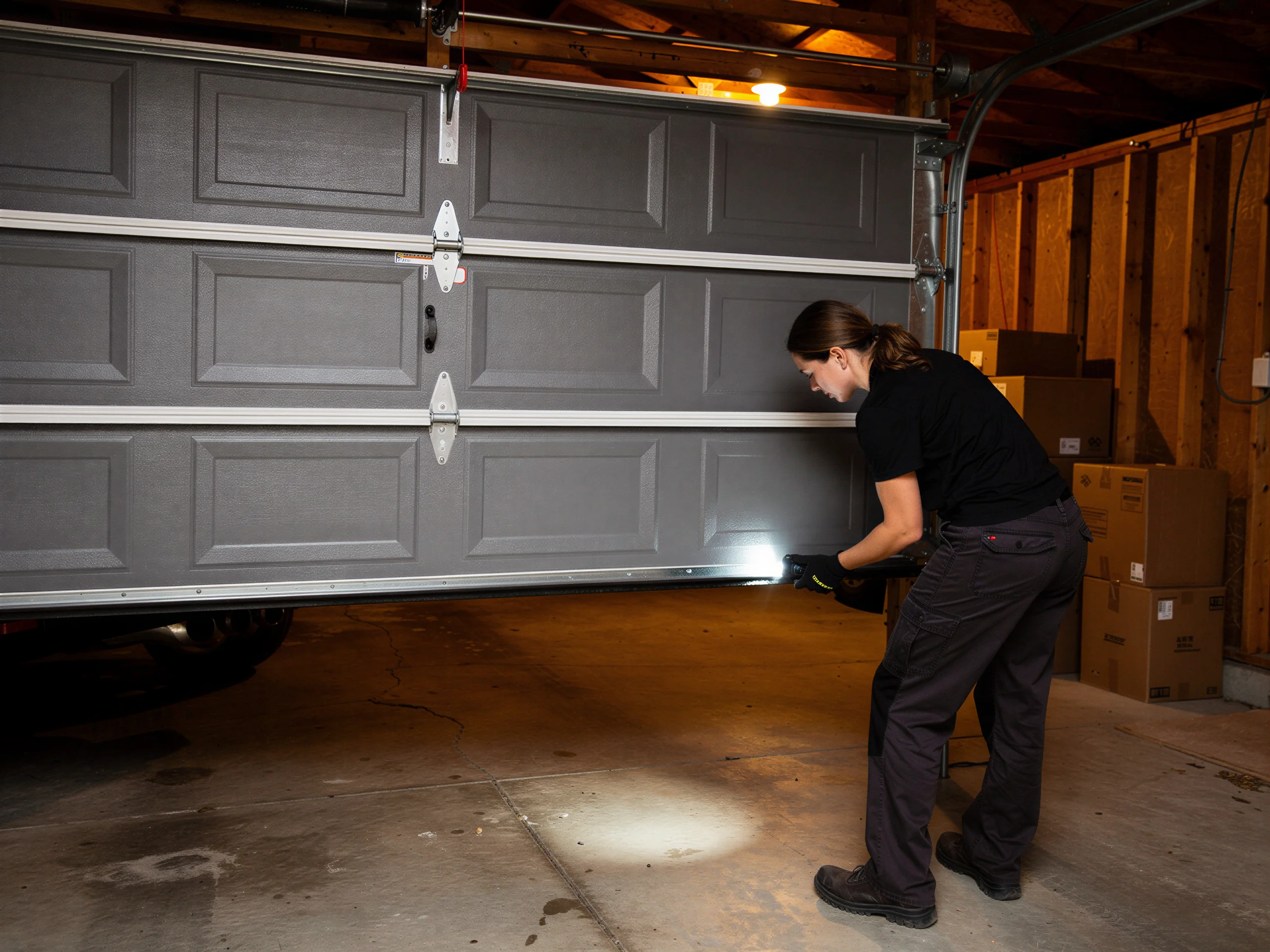 A technician shines a flashlight on the bottom of a gray garage door.